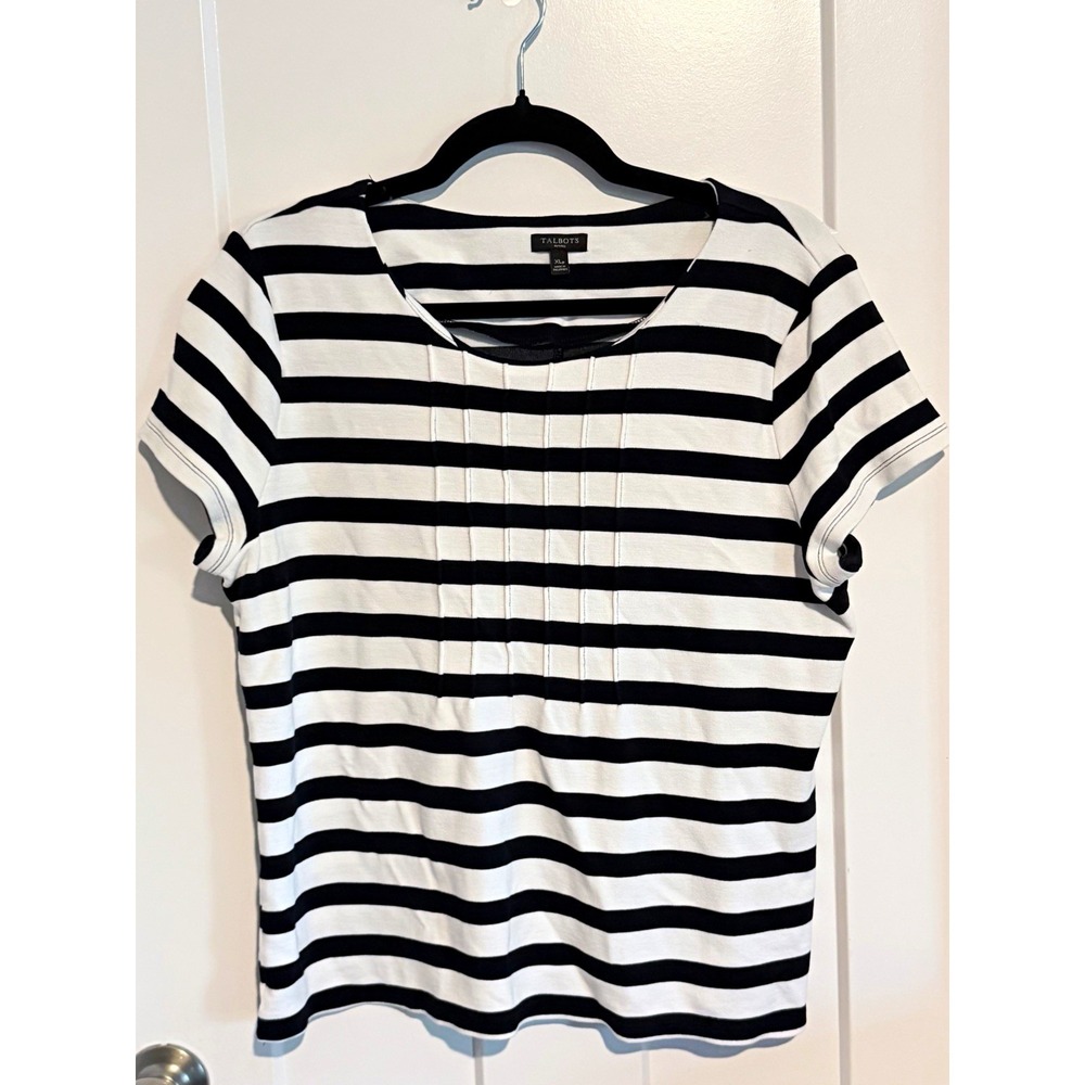 Talbots Petites XL Black & White Striped Scoop Neck Short Sleeve Knit Top